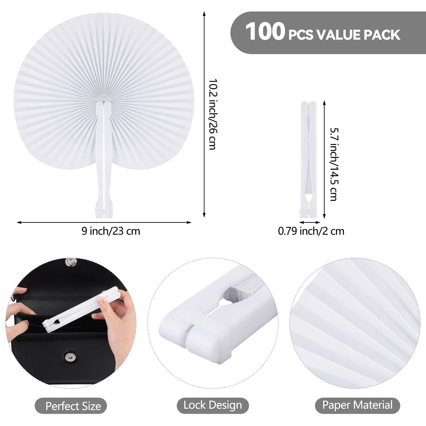MCEAST 100 Pieces White Party Paper Fans Decorations Folding Fan Handheld Fan Round Shaped Paper Fans with Handle Hand Fans for Wedding Birthday Party Favors