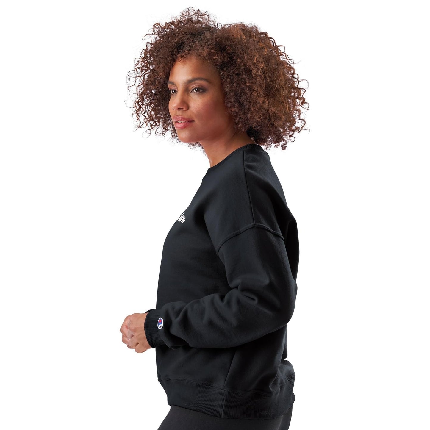 Champion Women's Sweatshirt, Powerblend, Crewneck for Women, Script (Plus, Black Script, Small