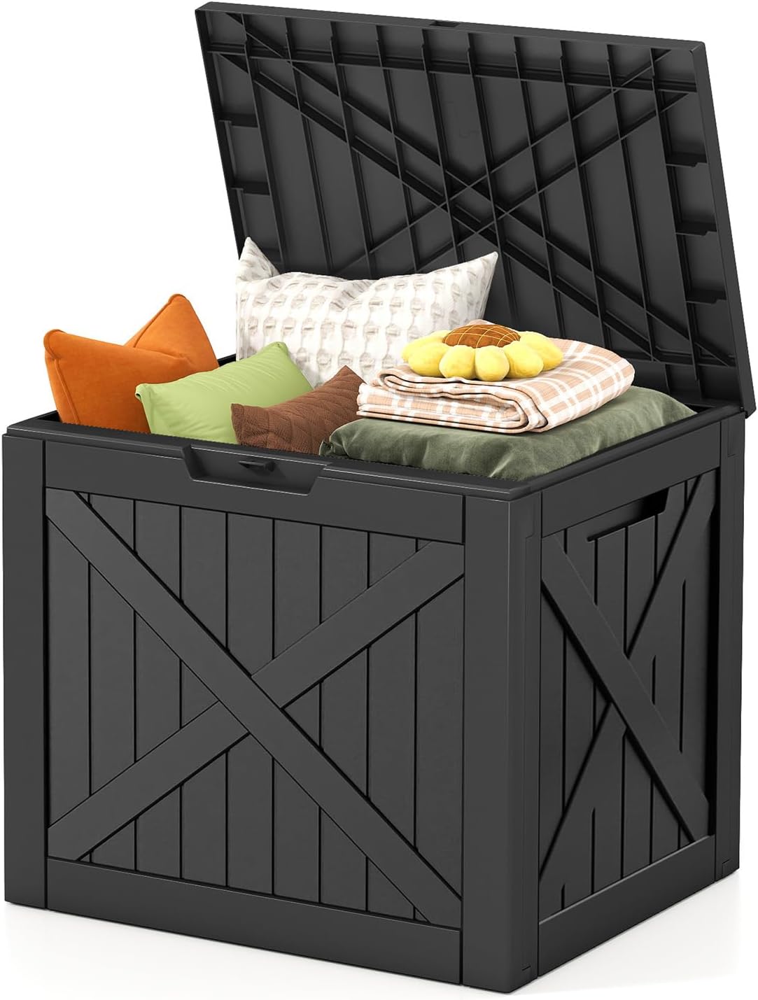 Deck Box, 32 Gallon (121 L) Resin Outdoor Storage Box, Waterproof & Lockable Patio Storage for Cushions, Garden Tools & Pool Accessories, Weather-Resistant Durable Deck Box Outdoor, Black