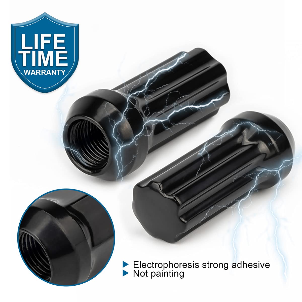 JiiinMiiin 24pcs M14x1.5 Lug Nuts Black with 7 Spline Tuner, 14x1.5 Locking Lugnuts 2 inch Length with 1 Socket Key, Fits Chevy GMC Cadillac Lincoln SAAB Saturn