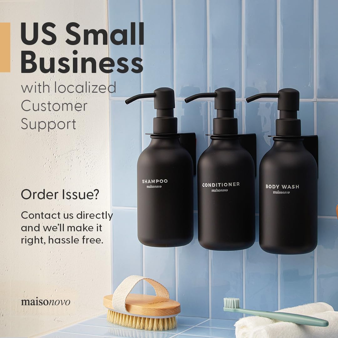 MaisoNovo Shampoo and Conditioner Dispenser Set of 3-500 ml Amber Shower Soap Dispenser with Black Pump - Luxury Shampoo Bottles Refillable for Bathroom with Waterproof Labels