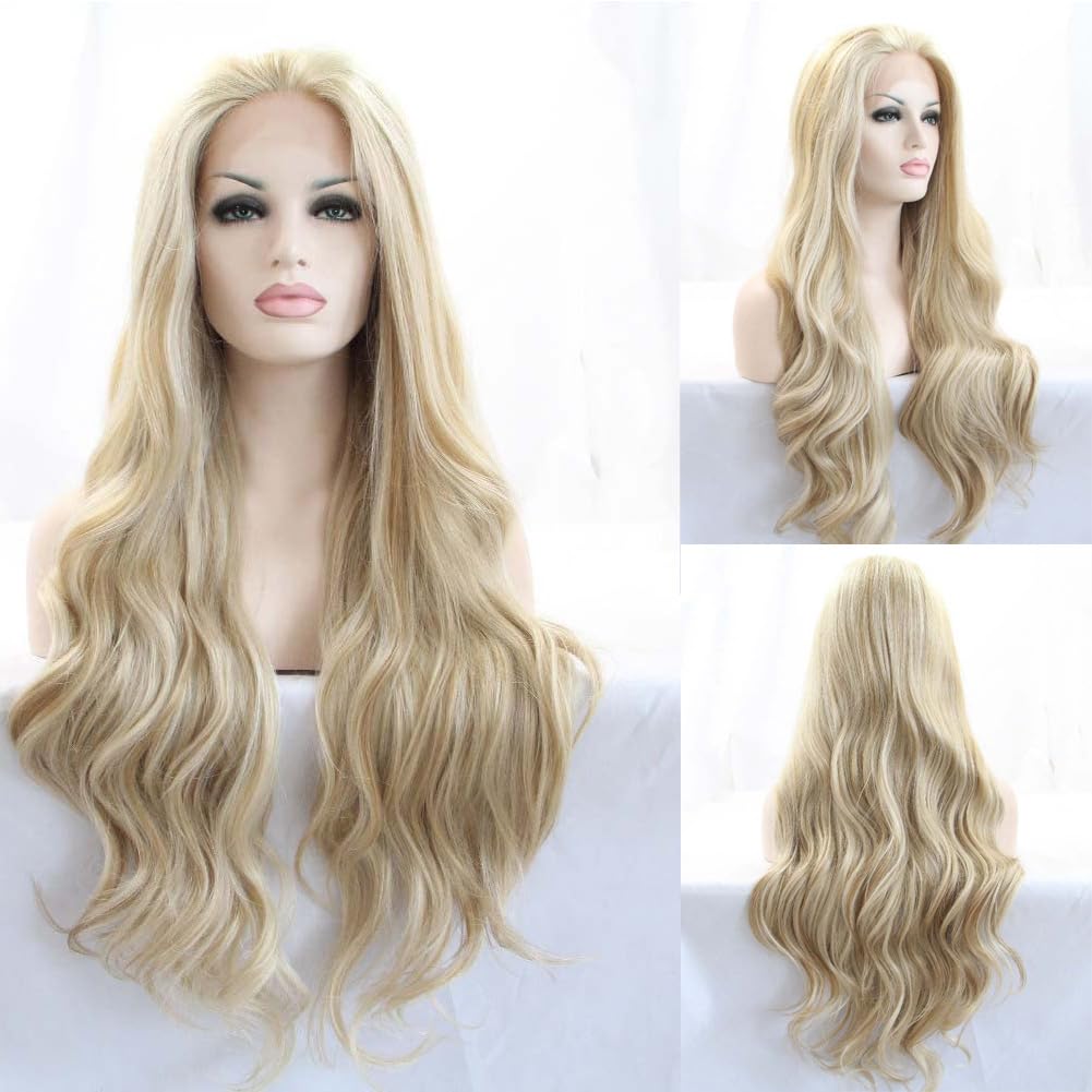 Angle Lucky Blonde Wavy Wig for Women Highlight Blonde Synthetic Lace Front Wig Long Wavy Piano Color Glueless Wig Heat Resistant Fiber Hair Replacement Wig for Drag Queen Makeup (24, Highlight Blonde)