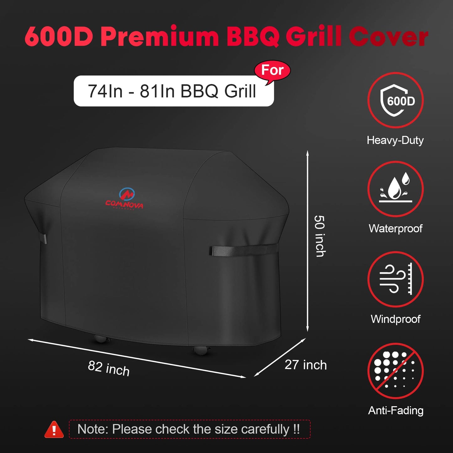 Comnova BBQ Cover 82 Inch, 600D Grill Cover for Outdoor Grill Heavy Duty and Waterproof, Large Barbecue Gas Grill Covers for Weber, Char-Broil, Nexgrill, Monument, Dyna-glo, Brinkmann and More