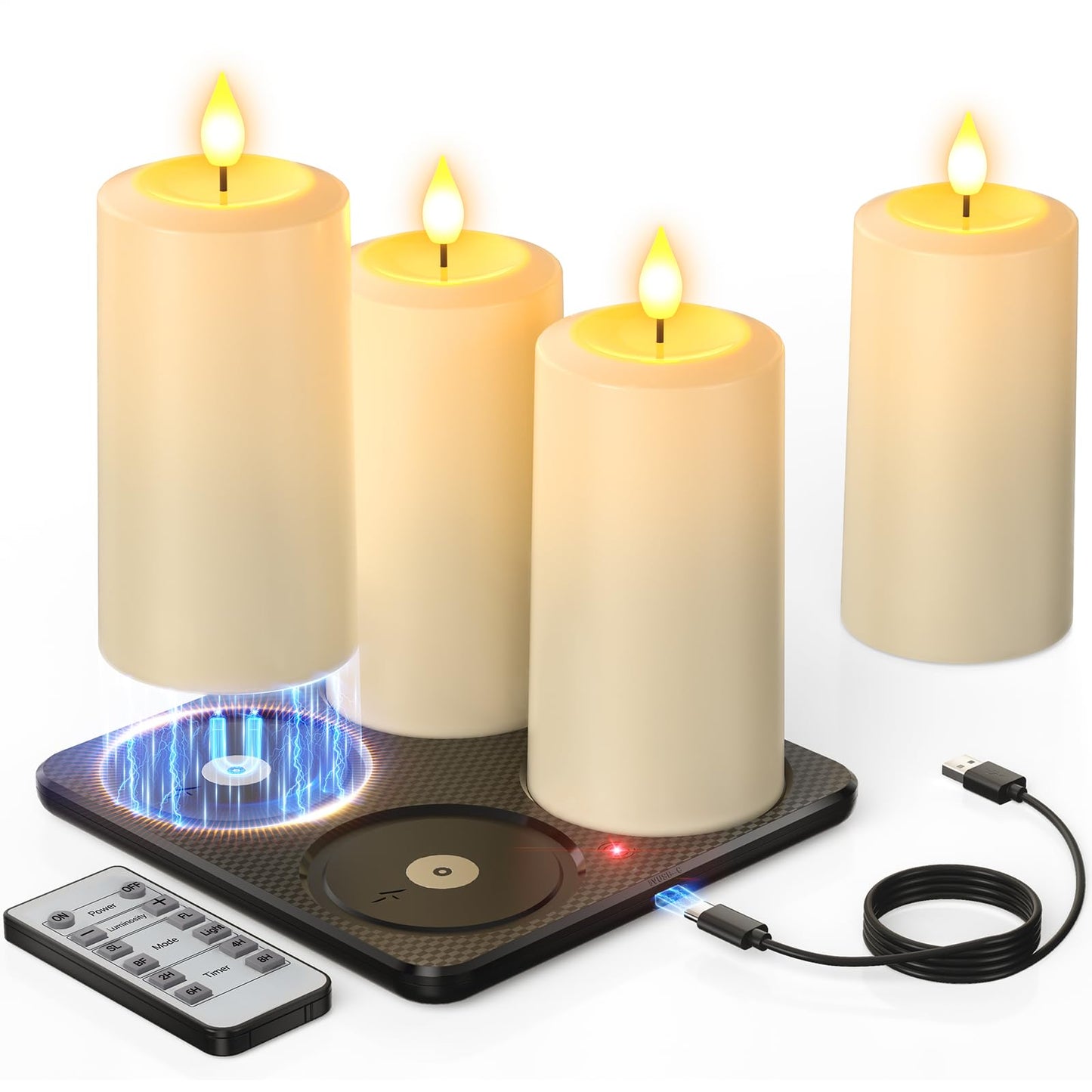 Yme Rechargeable Flameless Pillar Candles with Remote & Magnetic Charging Base,4PCS Waterproof Battery Operated LED Fake Candles Flickering with Timer for Indoor Outdoor Halloween Christmas Home Decor