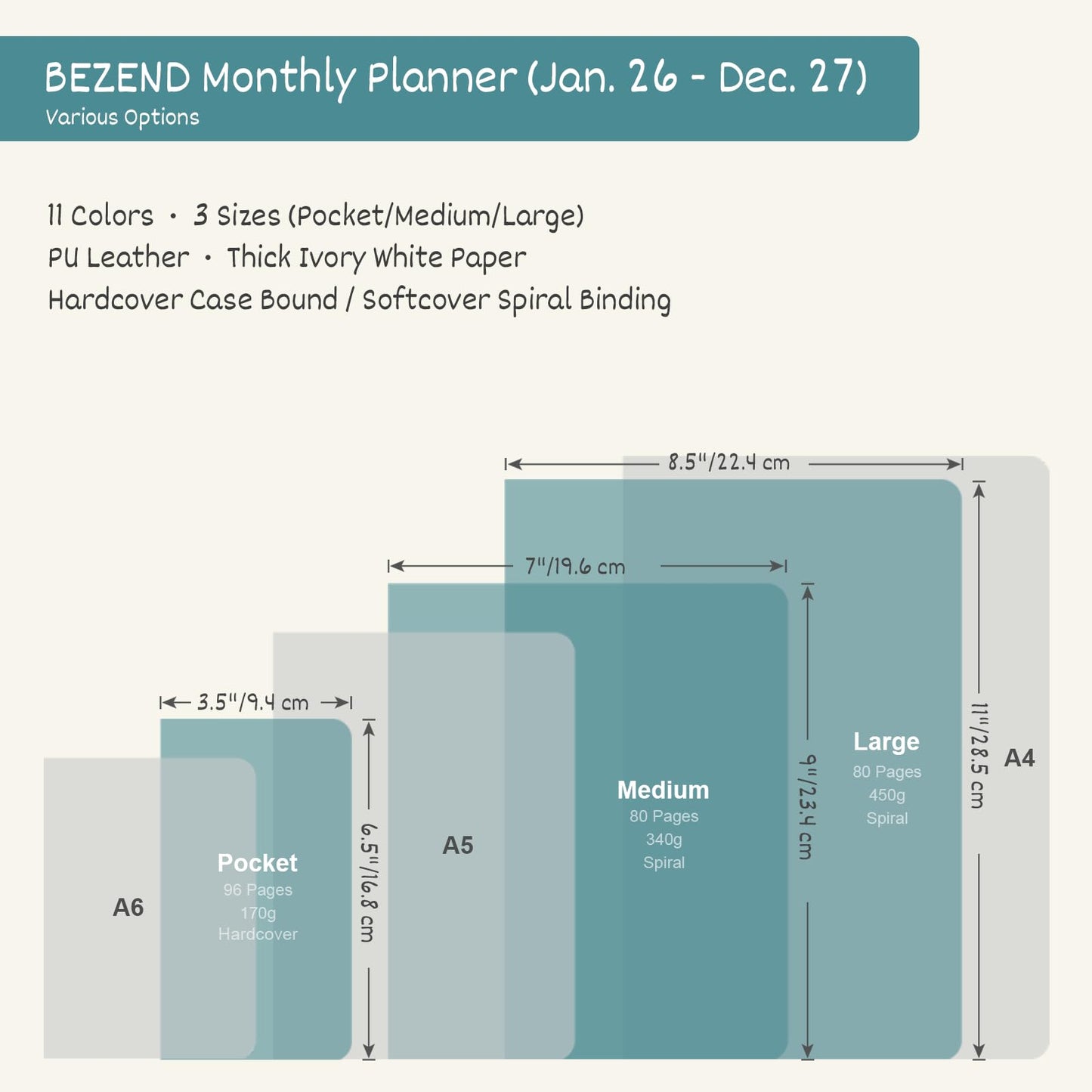 BEZEND Monthly Planner 2026-2027 (Spiral-8.5" x 11"), 2 Year Agenda with Note Pages -Jan 26 to Dec 27 Calendar with Laminated Tabs, 120 GSM Paper, Inner Pockets, Vegan Leather Softcover -Black