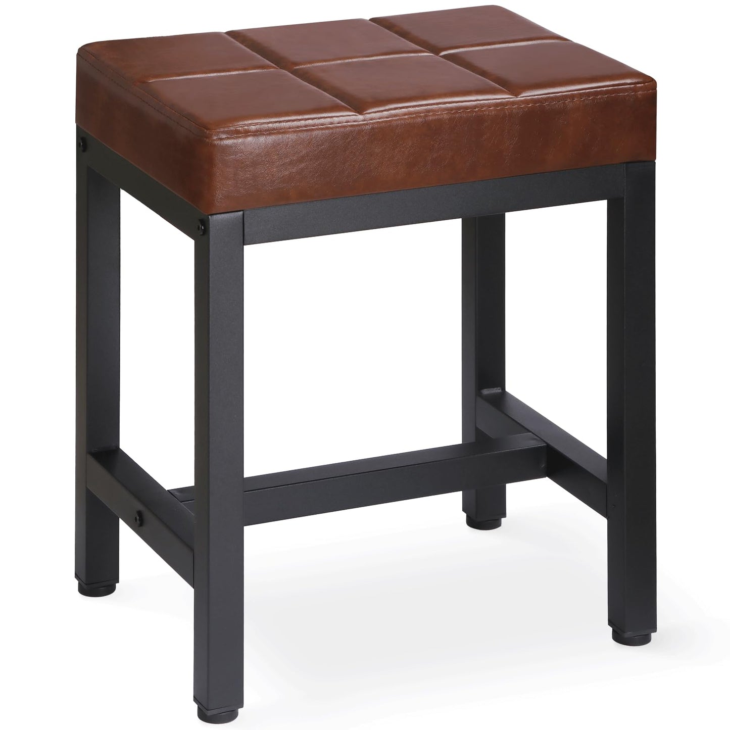 FLYZC Vanity Stool, Vanity Chair for Makeup Room, Square Faux Leather Small Ottoman Foot Stool with Metal Legs, Modern Makeup Chair for Bedroom, Living Room, Brown