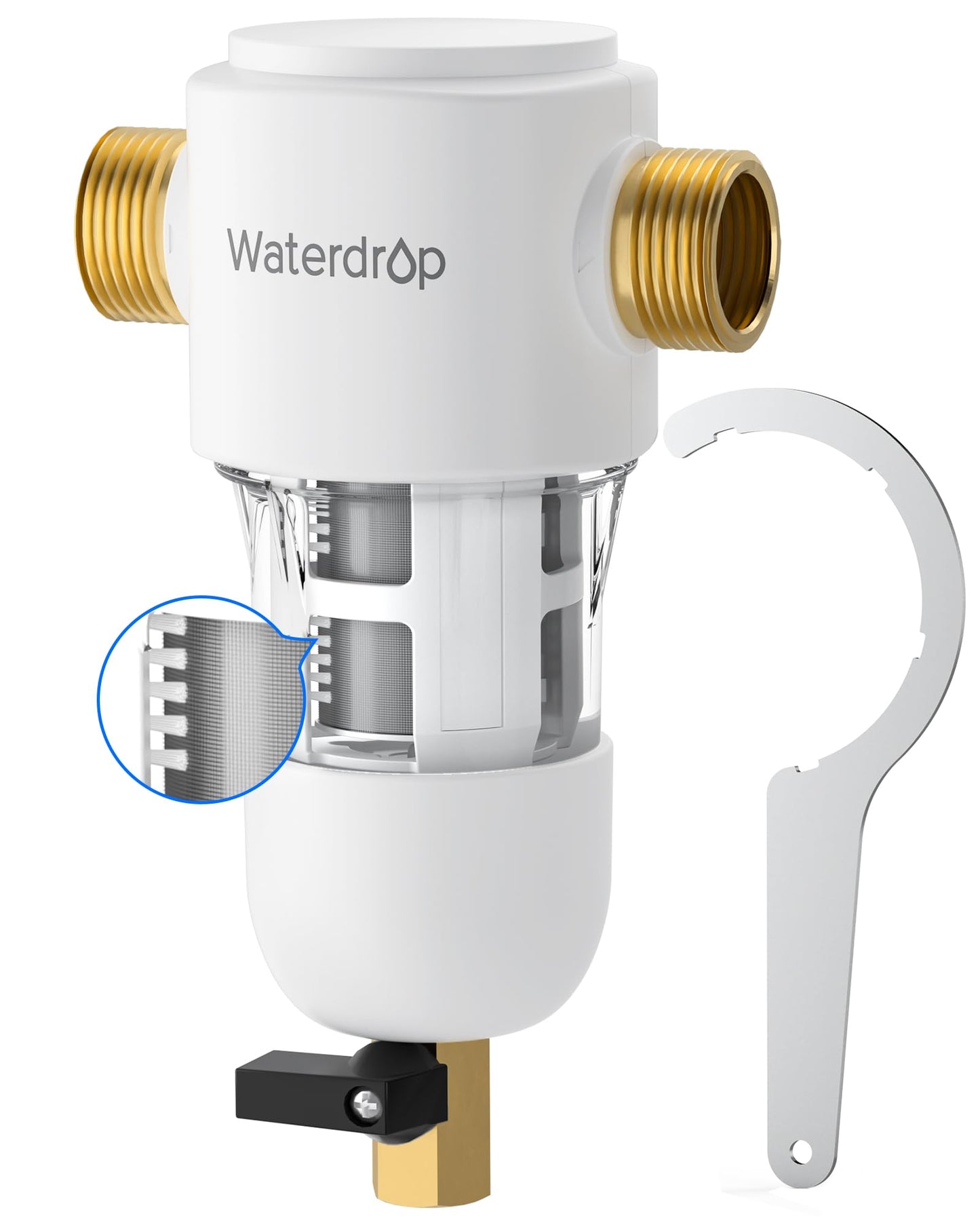 Waterdrop Spin Down Sediment Filter, Reusable Whole House Water Filter System, Flushable Pre-Filter System for City/Well Water, 50 Micron, 1" MNPT + 3/4" FNPT, WD-PF01