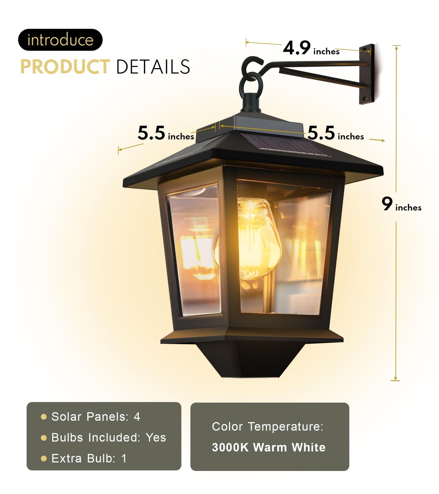 PASAMIC 2 Pack Solar Wall Lanterns with Replaceable Bulb, Outdoor Hanging Solar Lights with 4 Solar Panels, Dusk to Dawn Led Outdoor Wall Sconce, Anti-Rust Waterproof Wall Lanterns with Hooks