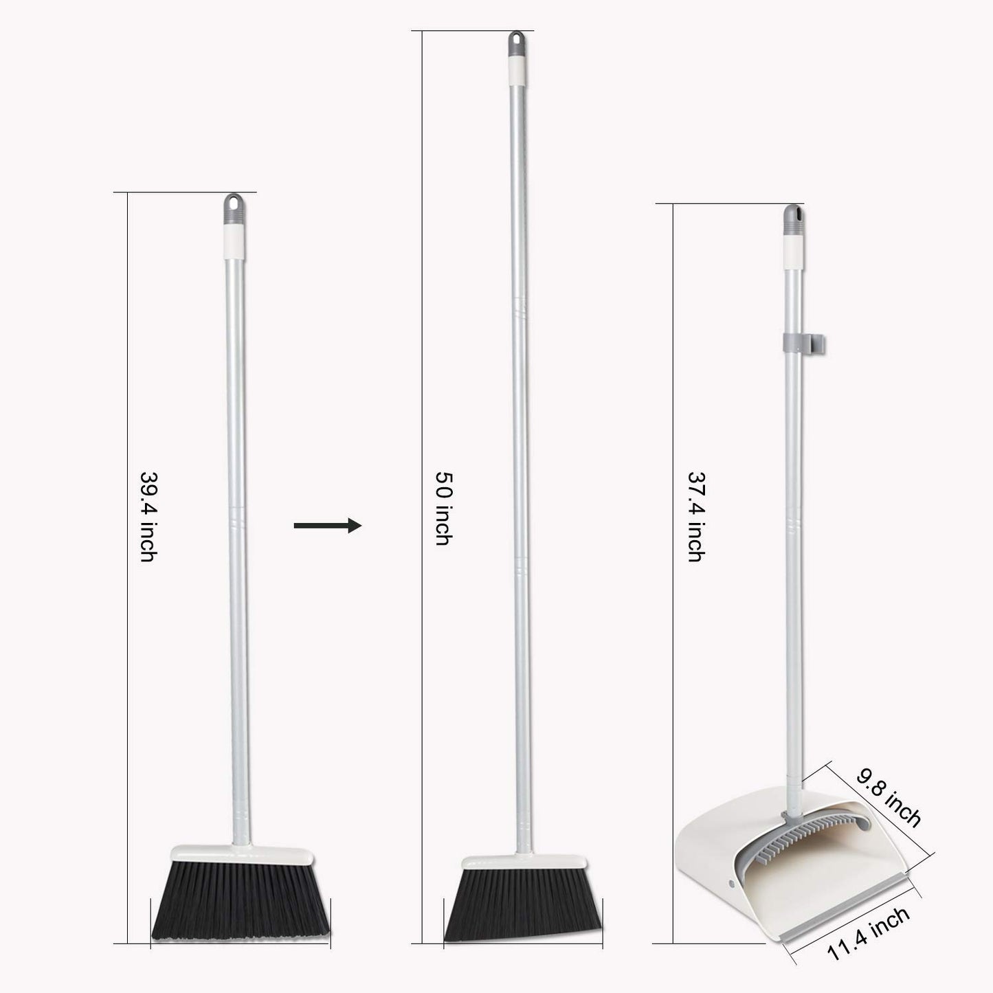 Broom and Dustpan Set, JEHONN Long Handle Lightweight Broom Set Upright Standing Dustpan Stand Up Store Sweep Set for Home Room Kitchen Office Lobby