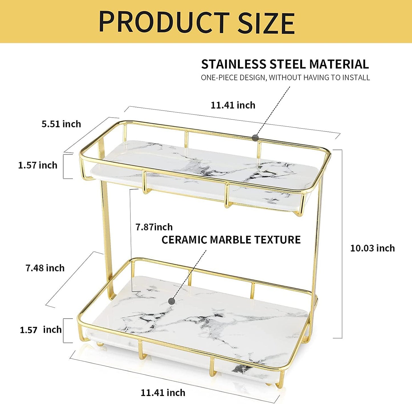 Dobbyby Bathroom Organizer Countertop Perfume Organizer Makeup Organizer Cosmetics Storage Display Rack 2 Tier Vanity Tray Dresser Stainless Steel Shelf Marble Print Ceramic Tray (2 Tier L-Gold)