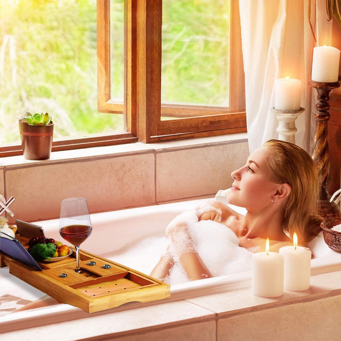 Bamboo Bathtub Caddy Tray, Bath Tub Tray with 12-in-1 Features Adjustable Bathtub Table, Non-Slip and Holds Books/Tablets/Cell Phone/Towels/Foods/Wineglass/Soap Dish (Double Box)
