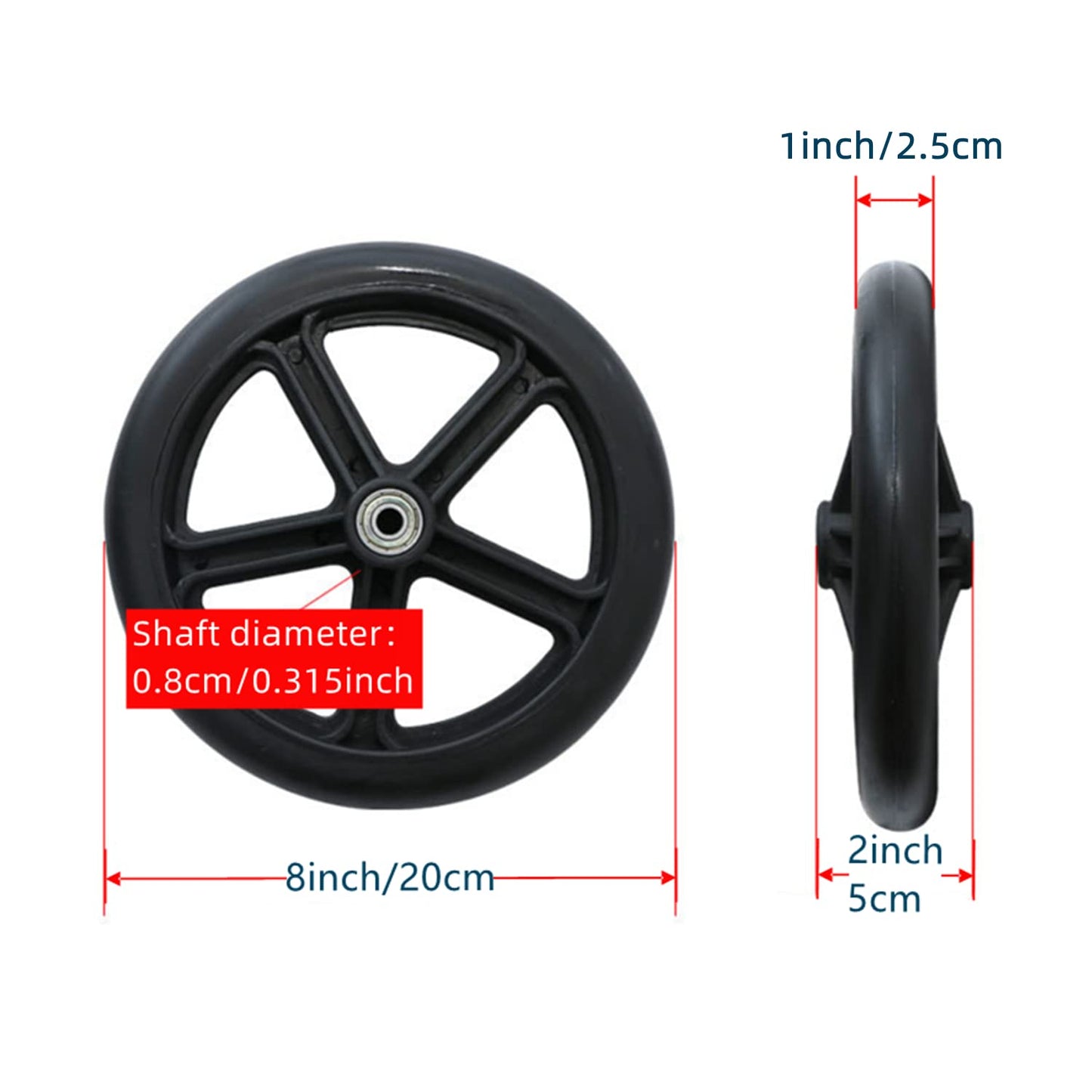 8 Inch by 1 Inch, Wheel Replacement for Wheelchairs, Black (2)