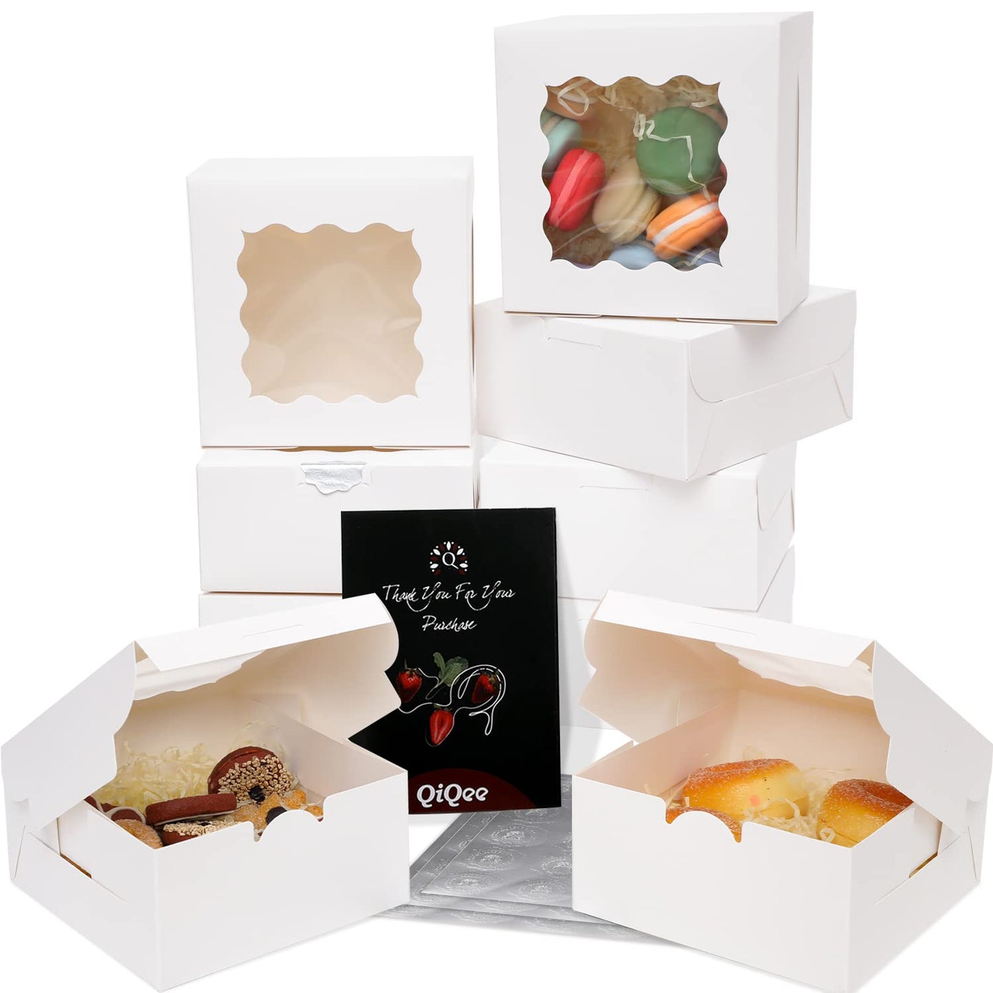 100Packs Bakery Boxes with Window 6x6x3 inches White Cookie Boxes Macaroon Boxes Thick & Sturdy Treat Boxes for Macarons