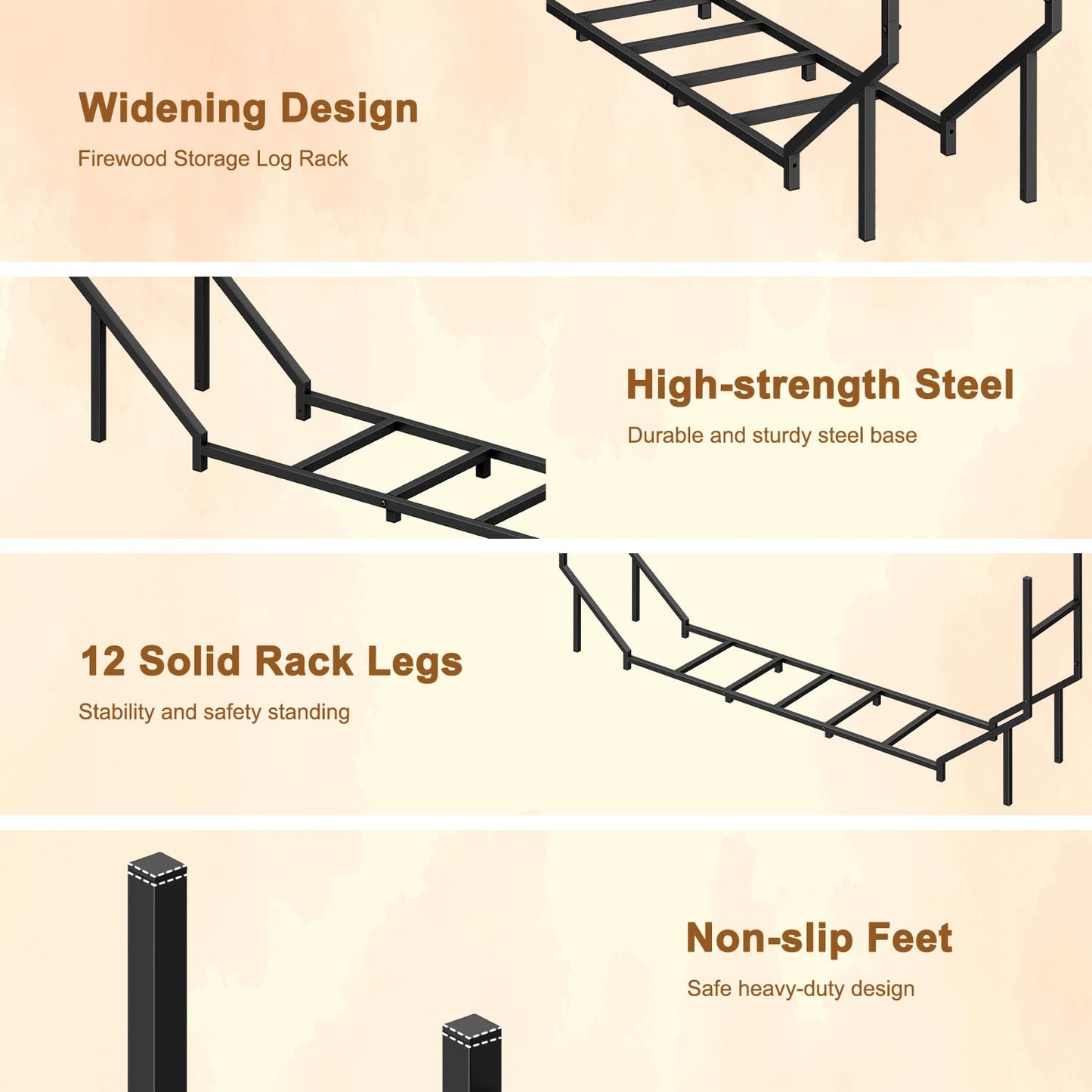 5.9ft Firewood Rack Holder, Outdoor Indoor Heavy Duty Metal Wood Stand, Adjustable Stacker Fireplace Lumber Organizer, Bottom Widening for Deck Patio Logs Storage Carrier Tool, Black