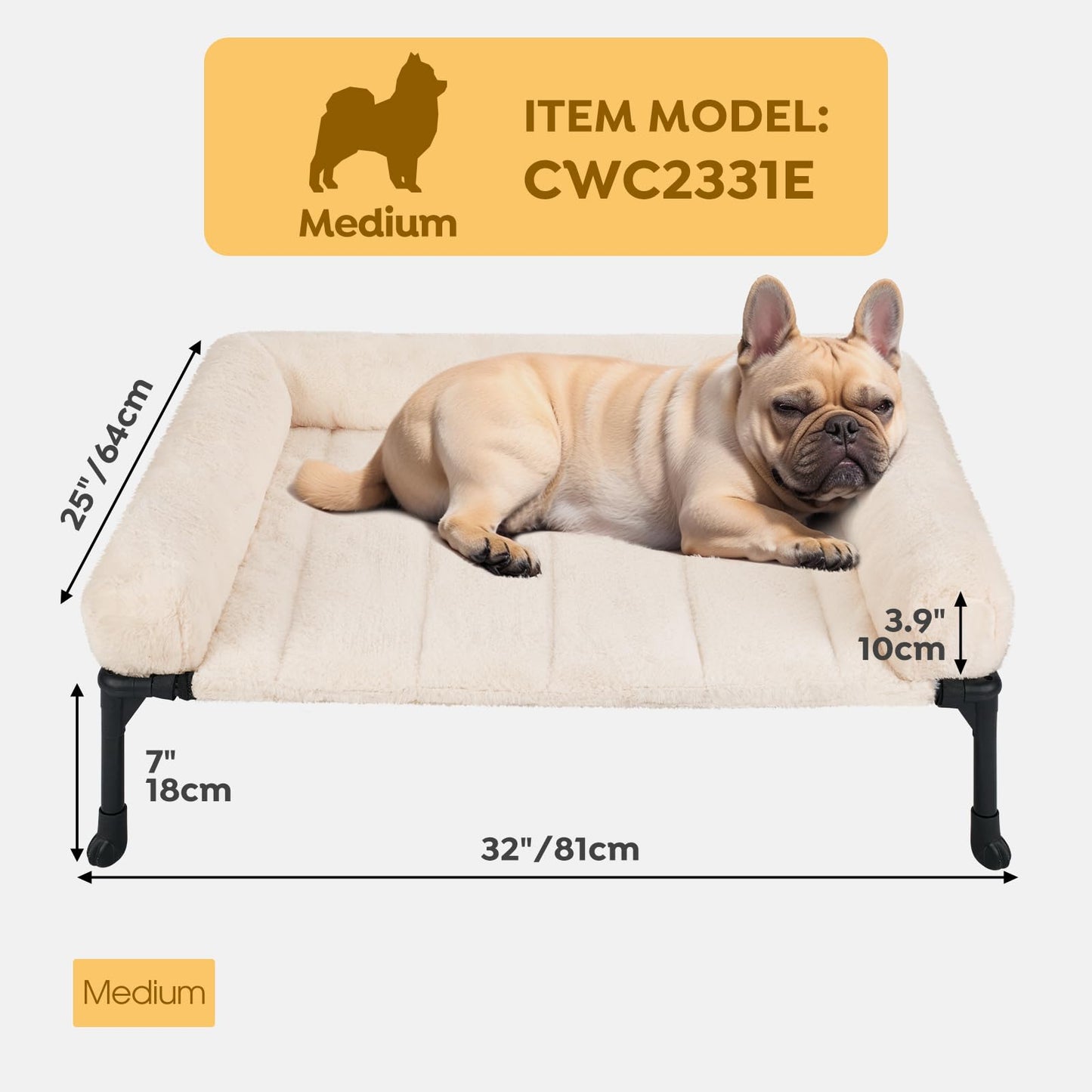 Veehoo Cooling Elevated Dog Bed + Removable Fluffy Plush Pillow Cushion, Raised Dog Bed with Washable Bolster Mat, Breathable Teslin Mesh, No-Slip Feet, 32" x 25" Dog Couch Bed, White, CWC2331E