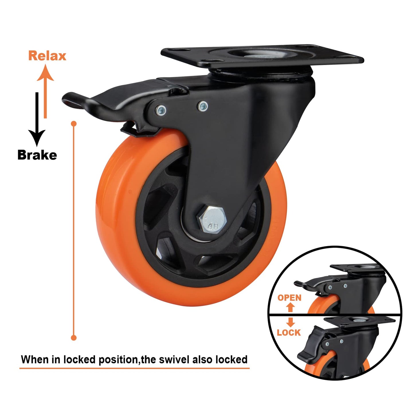 Casters, 4" Caster Wheels,Casters Set of 4 Heavy Duty - ASRINIEY Orange Polyurethane Castors, Top Plate Swivel Wheels, 4-Pack Industrial Casters with Brake, Locking Casters for Furniture and Workbench
