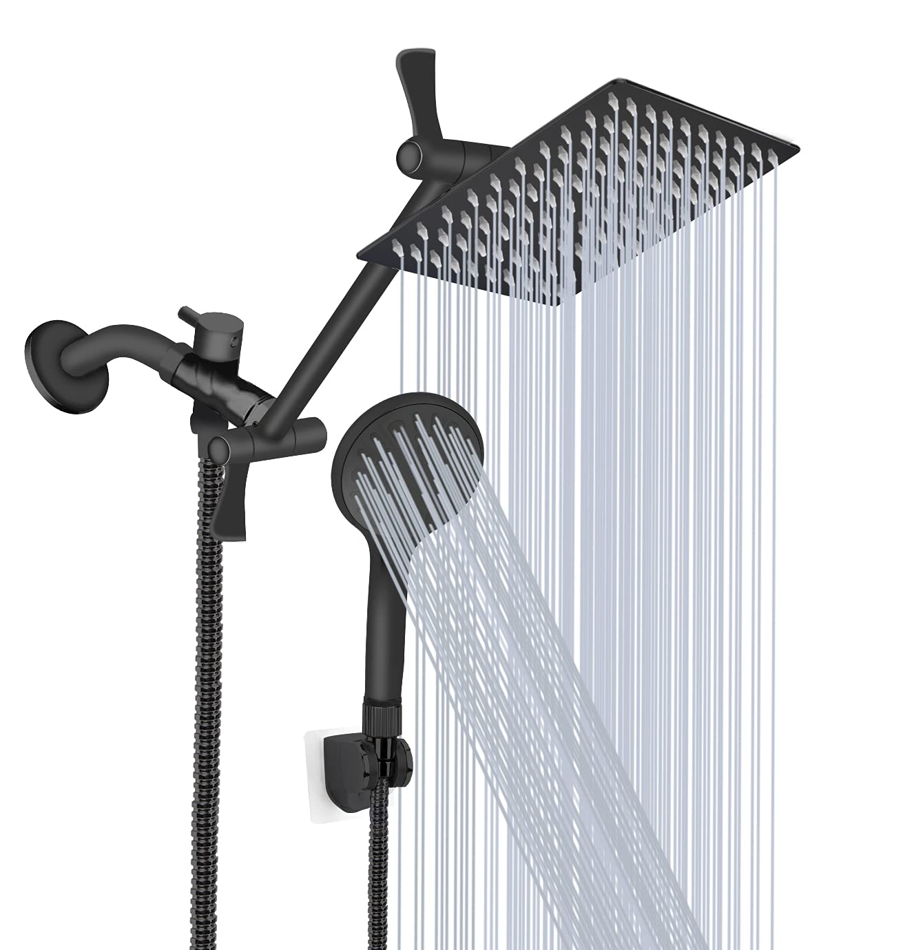 Shower Head, 8‘’ High Pressure Rainfall/Handheld Shower Combo with 11'' Extension Arm, 9 Settings, Anti-Leak Shower Head with Holder, Height/Angle Adjustable, Chrome, Matte Black