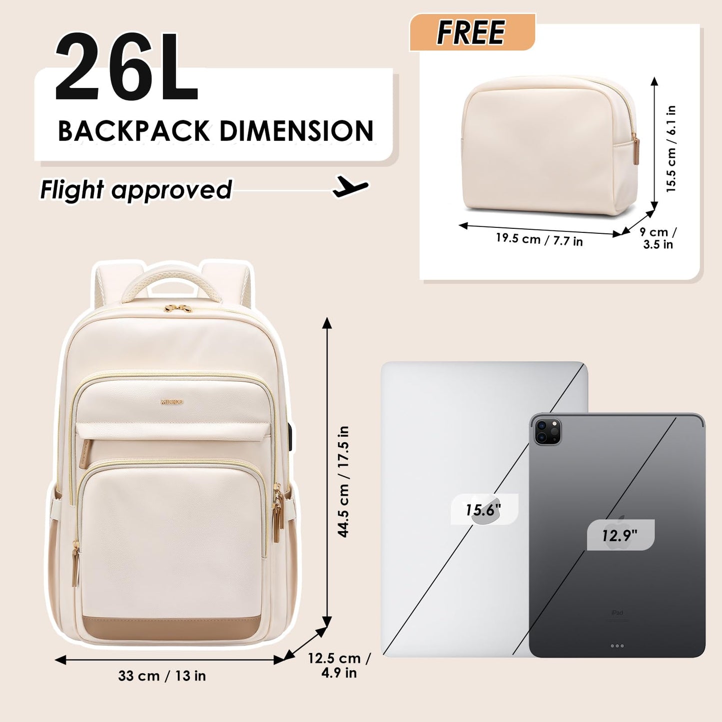 MDODO Laptop Backpack for Women,Travel Backpack with Laptop Compartment,Casual Daypack College Bookbag Computer Backpack for Work with Small Organizer Bag, Beige
