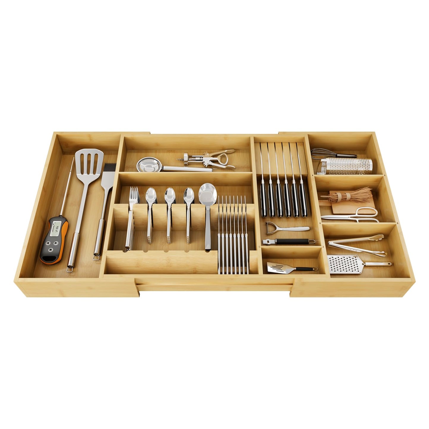 Landmok Large Bamboo Cutlery Organizer, 17.7-29.5 Inch Expandable Utensil Drawer Organizer, 8-Slot Kitchen Drawer Organizer with Removable Card Slots & Knife Block for Spoons Butter Knives, Natural