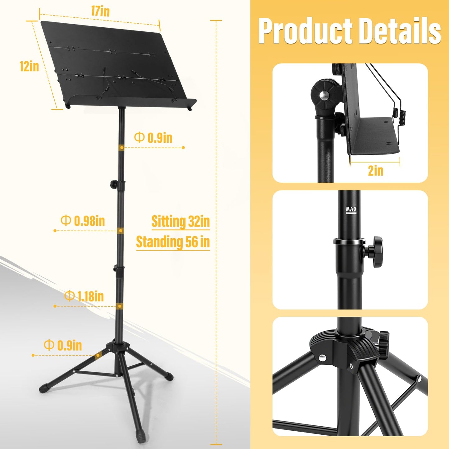 Portable Folding Music Stand,Adjustable Height Sheet Music Stand (32" to 56"), 180° Tilt Tray with Carrying Bag,for Band, Travel & Home (32-56inch)