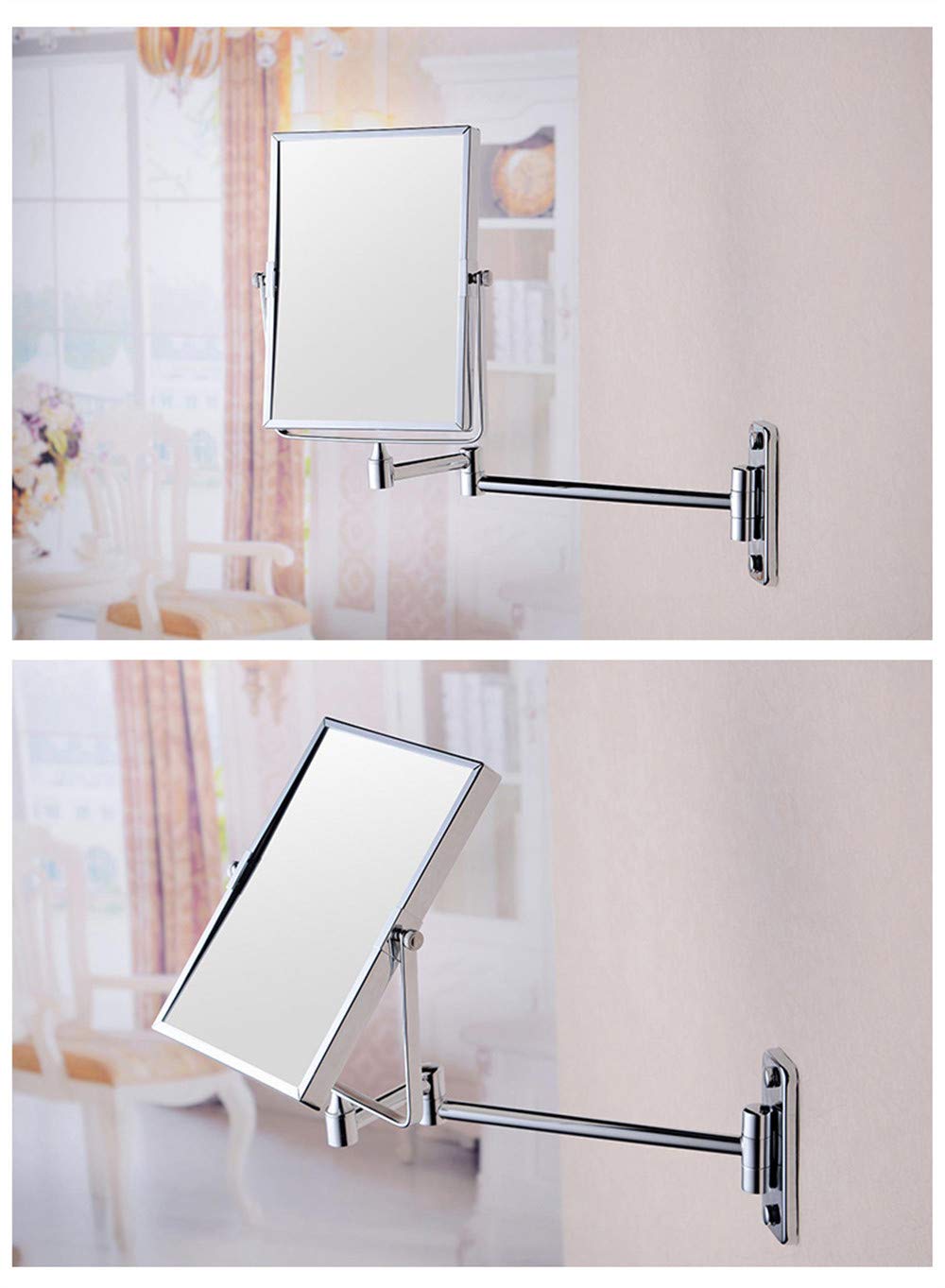 KANG// Bathroom Wall Mirror, Folding Space Aluminum Alloy Telescopic Mirror, Double Sided Shaving Mirror with 3X Magnifier, 39 x 34 cm, Wall Mount, Modern Style