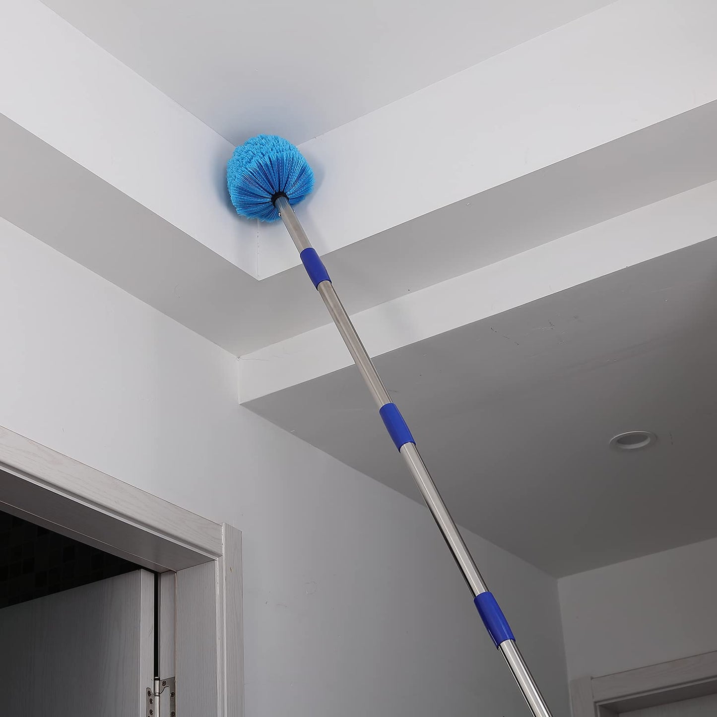 Cobweb Duster with Extension Pole - 8 FT Lightweight Stainless Steel Extendable Duster Ceiling Fan Duster for High Ceilings, Medium Stiff PET Bristle Spider Web Brush for Indoor/Outdoor Cleaning