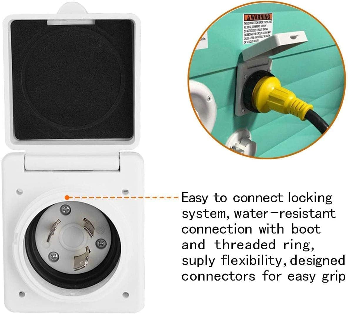 30AMP RV Power Inlet Receptacle, 125V RV Power Plug Twist Lock Inlet, RV Power Female Twist Locking Connector with Weatherproof Cover Boot for Trailer Boat Camper, RV Shore Power Inlet Plug Kit