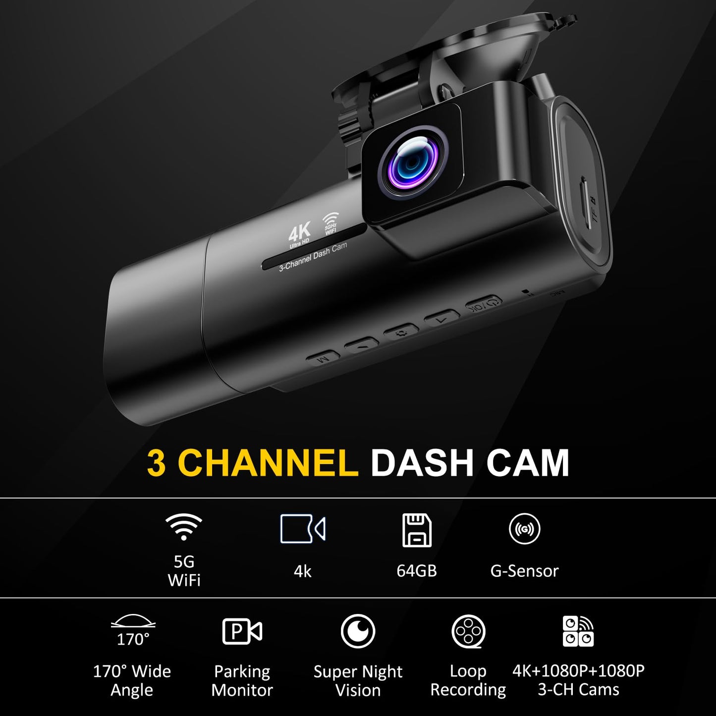 TOOXYZ Dash Cam Front and Rear Inside,3 Channel Dash Cam for Car,5G WiFi,3.16" IPS,Free 64GB Card,4K+1080P+1080P Dash Camera,Loop Recording,G-Sensor,WDR,Night Vision,Time-Lapse, 24H Parking Monitor