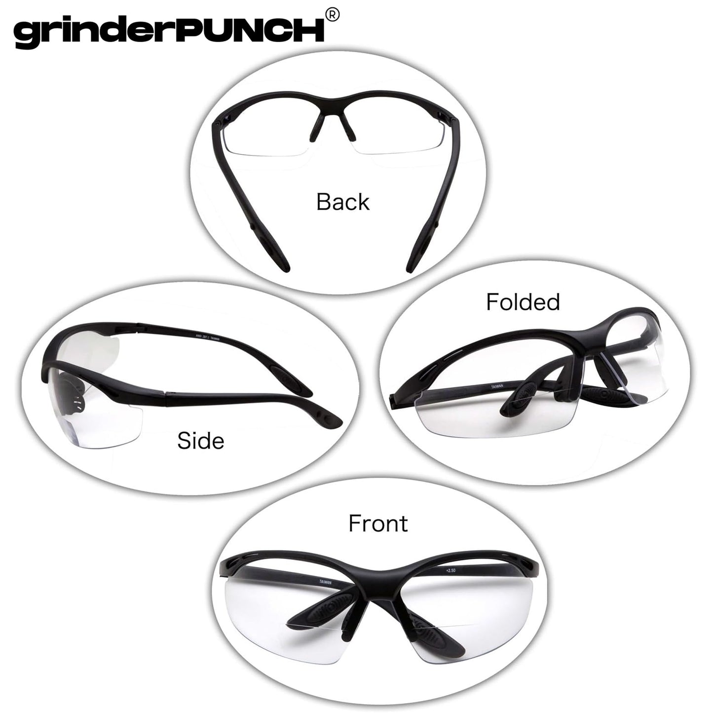 2 Pairs Bifocal Safety Glasses Clear Lens with Reading Corner - Non-Slip Rubber Grip Diopter/+2.50