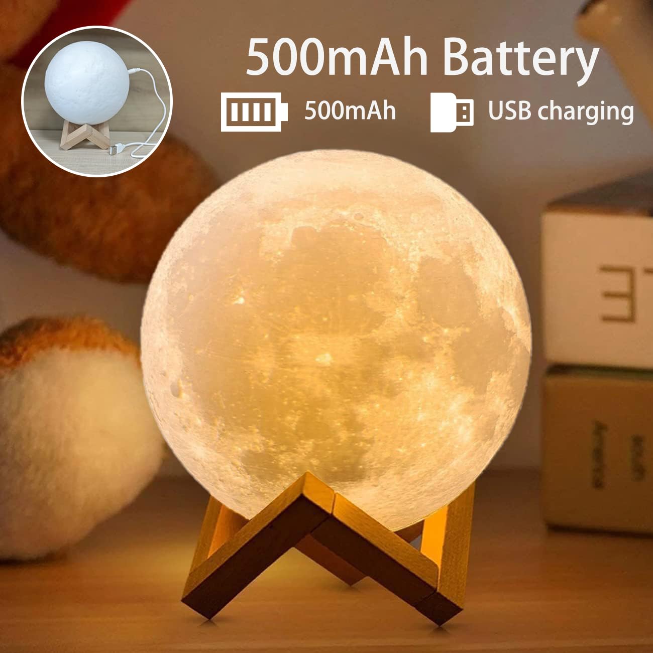 CPLA Moon Lamp Upgrade 128 Colors, 7.1inch/ 18cm 3D Night Light Wooden Stand & Remote/Touch Control and USB Rechargeable, Gifts for Women Girls Boys Girlfriend Birthday