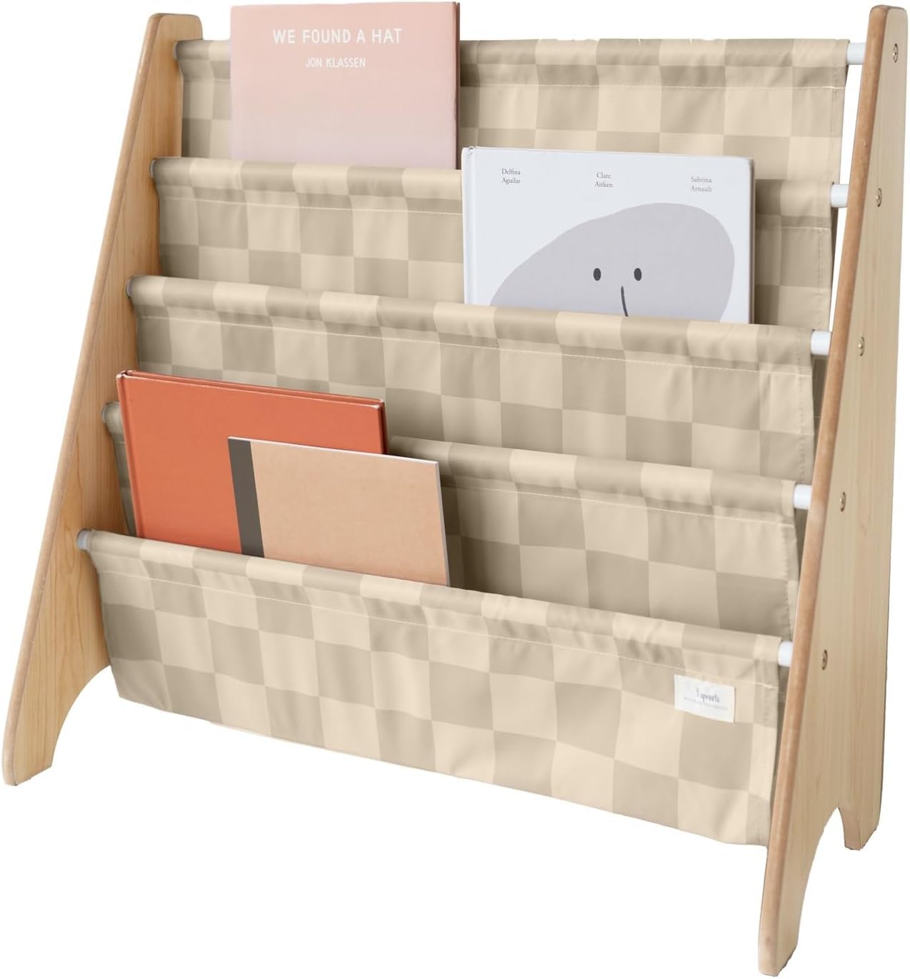 3 Sprouts Recycled Fabric Kids Bookshelf β 4-Tier Sling Book Rack Storage - Kids Room Book Shelves, Nursery, Playroom, Classroom - Bookcase Display Shelf for Toddler, Children Age 3+ - Checkered Beige