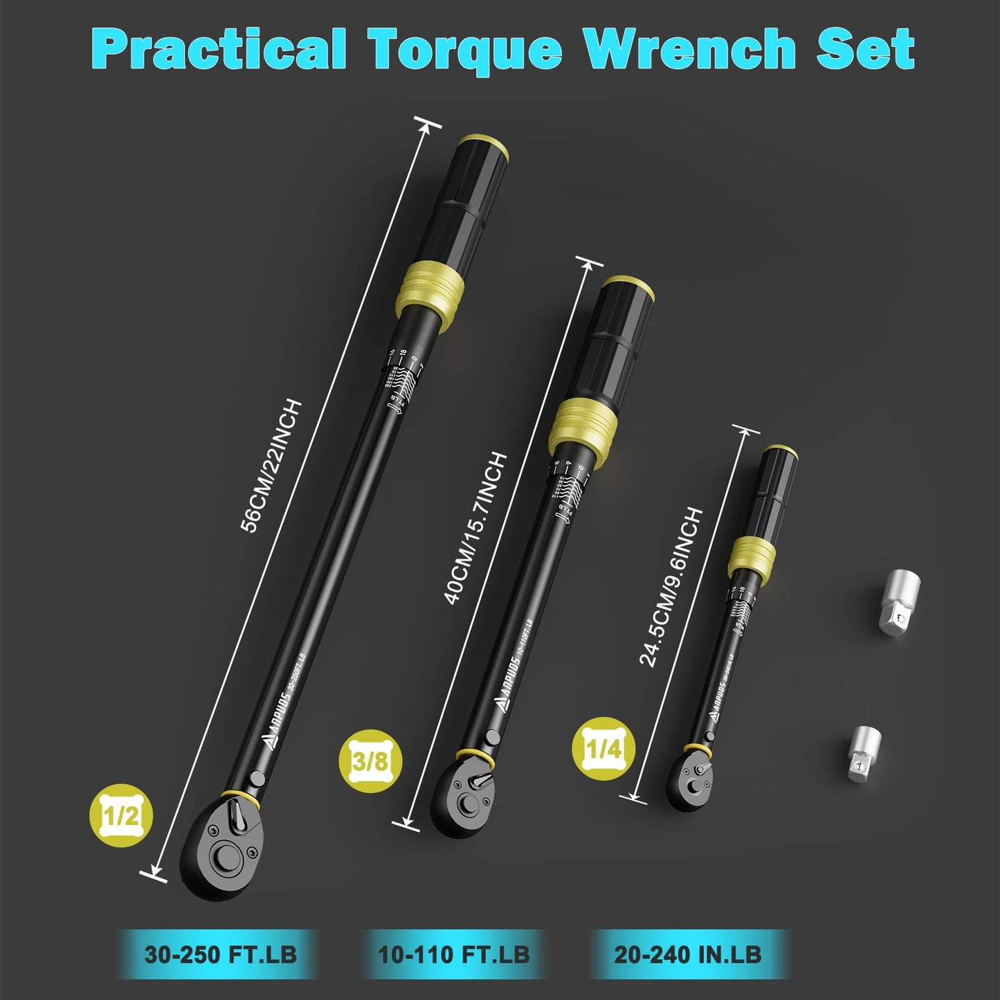 ANPUDS 1/4 3/8 1/2-inch Drive Torque Wrench, 5 Pcs Click Torque Wrench Set, 20-240in.lb, 10-110+30-250Ft.lb with 2 Adapters, Dual-Direction, 72-Tooth, Dual Range Scales for Bike, Motorcycle, Car