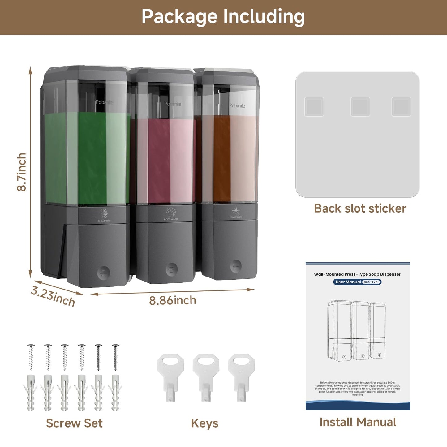 Shampoo and Conditioner Dispenser Wall Mounted, Shower Soap Dispenser No Drill Upadate Easy Slot Install, Shampoo Dispenser for Shower Bathroom Large Capacity 500ml * 3 Chamber Holder Gungray