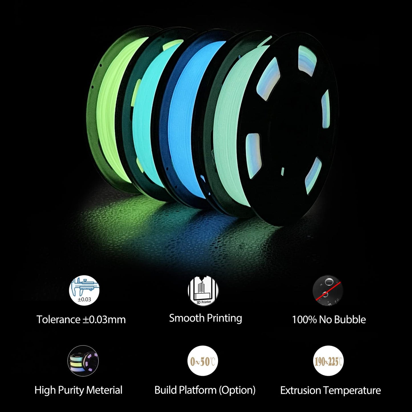 3D Printer Filament Bundle, Glow in The Dark Filament Multicolor, Green, Blue and Blue-Green, PLA Filament 1.75 mm, Dimensional Accuracy +/- 0.02 mm, 250g X 4 Pack