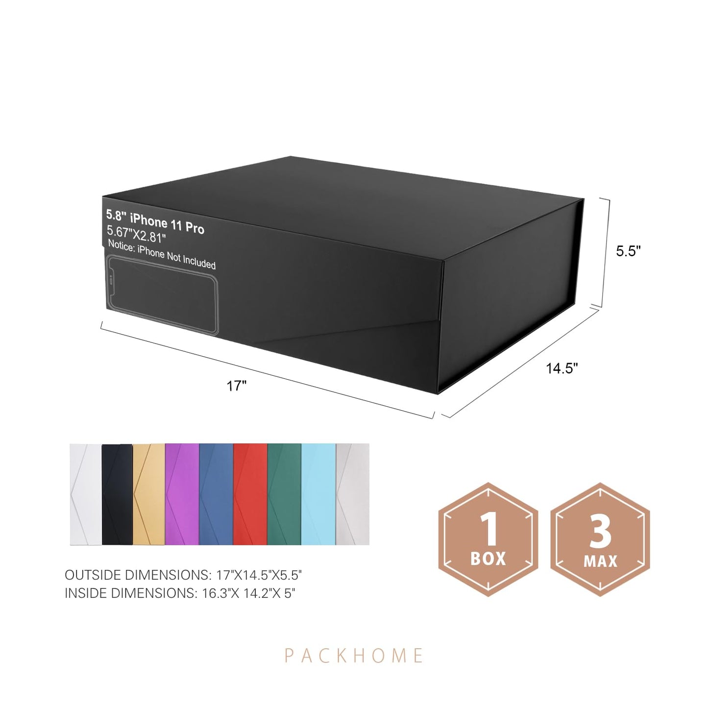 PACKHOME 16.3x14.2x5 Inches, 3 Extra Large Gift Boxes with Lids, Gift Boxes for Clothes and Large Gifts (Matte Black with Grain Texture)