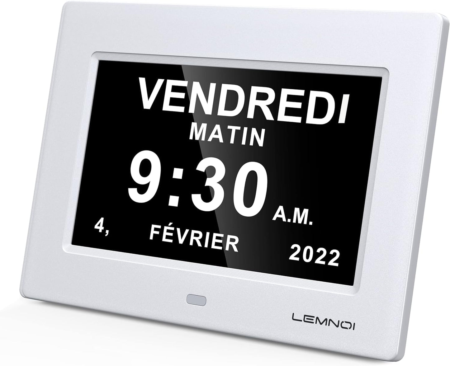 Lemnoi 7'' LCD Digital Day Clock Calendar with Date/Day/Time, 8 Languages Auto-Dimming Digital Clock with 12 Programmable Alarms, Reminders Clock for Alzheimer Elderly & Child (White)