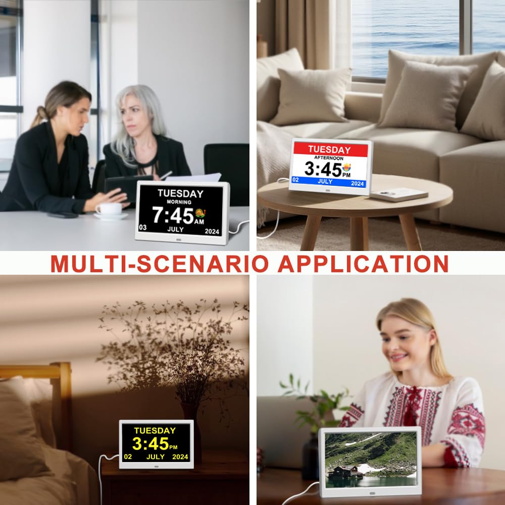 TIMEMOON Alarm Clock with Day and Date for Elderly Digital Calendar Clock Photo Frame- Auto Dimmable Display 15 Alarm Options (10inch White)