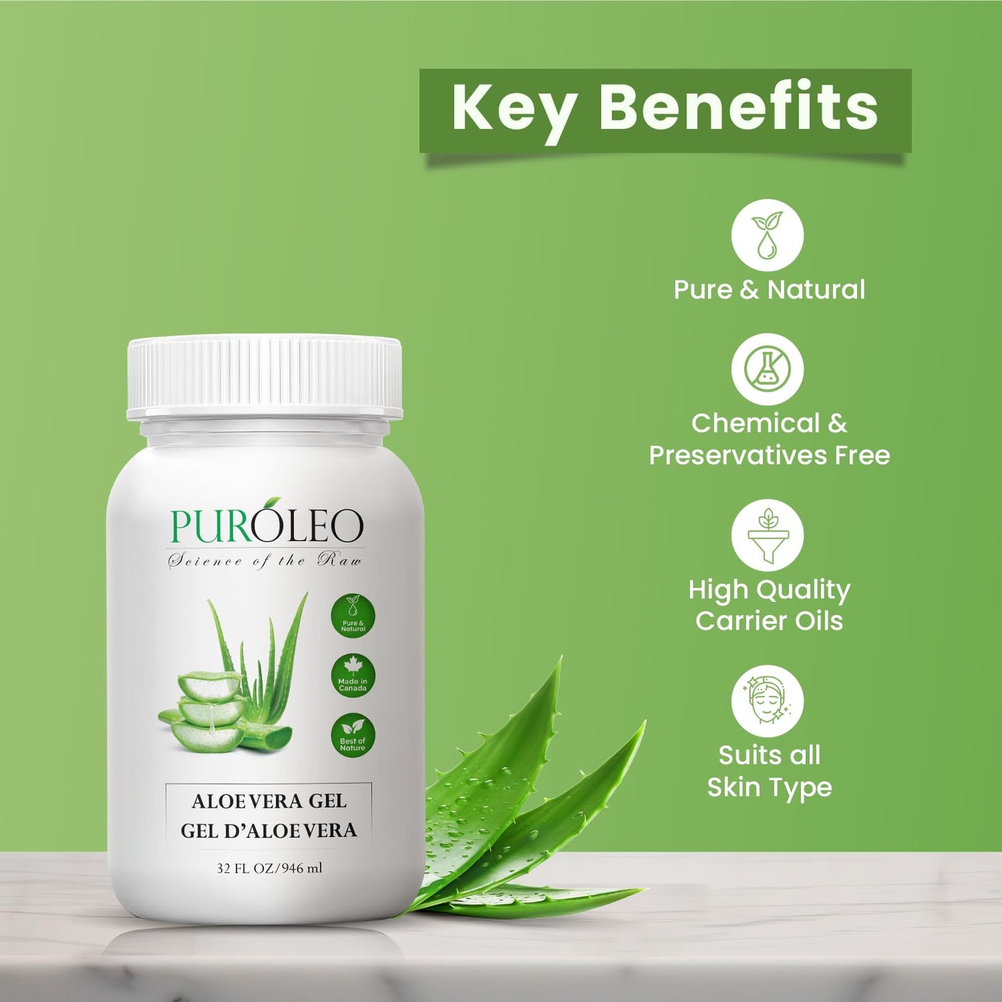 PUROLEO Aloe vera gel 32 Fl Oz/946 ML (Made in Canada) aloe vera gel for face aloe vera gel for hair aloe vera gel for skin Made from aloe vera gel Explore the Goodness - 100% Pure Aloe Vera Gel - Your Go-To for Natural Beauty and Wellness!