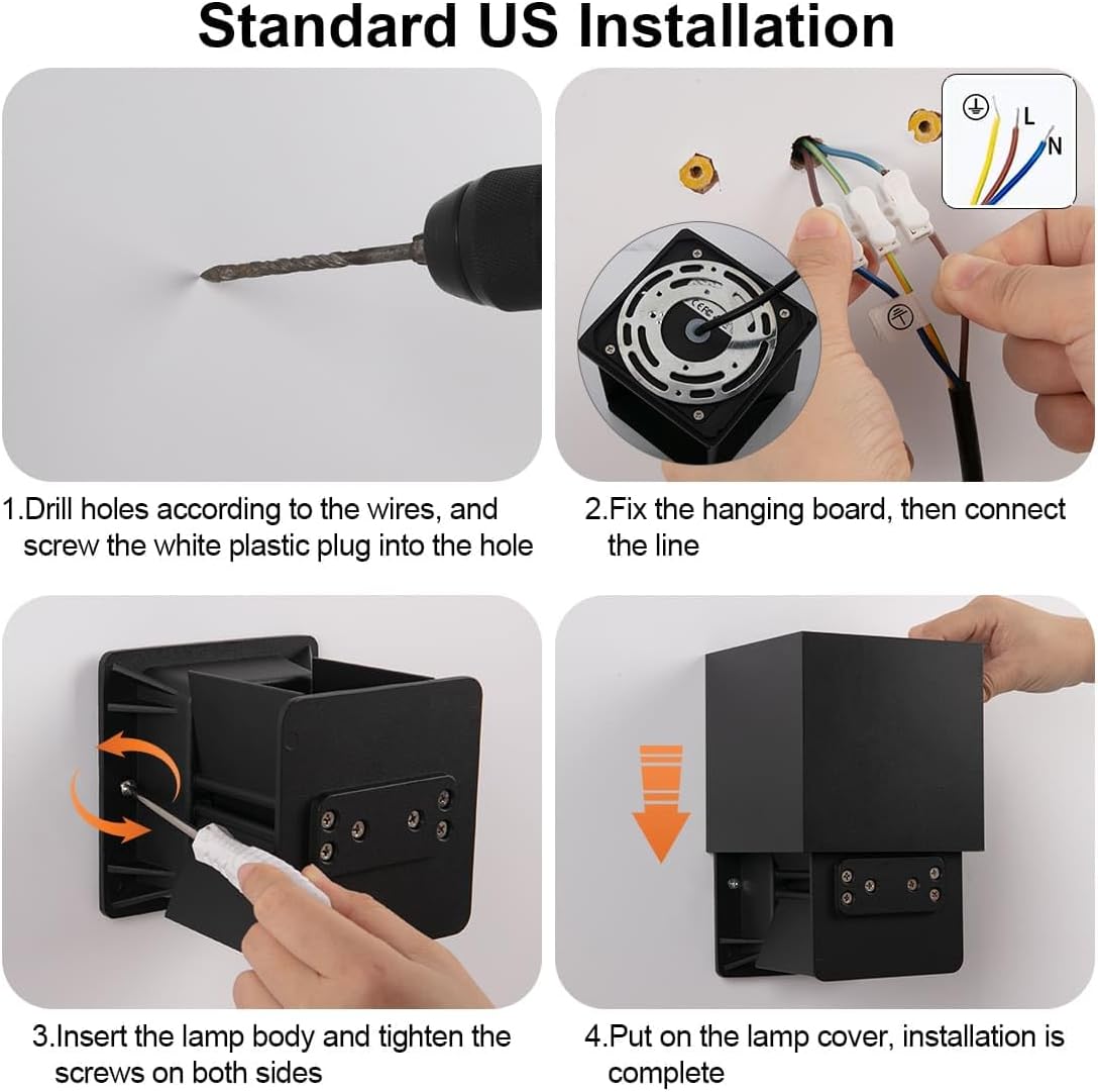LED Up and Down Wall Lights 20W 6000K, 2 Pack Square Wall Sconces Waterproof Modern Adjustable Black Porch Lights for courtyards, Stairs, corridors, Living Rooms, Gardens