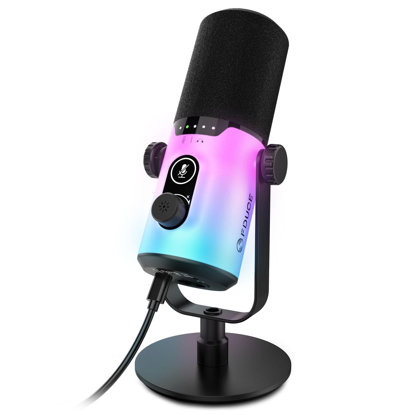FDUCE USB/XLR Gaming Dynamic Microphone for Podcast Recording, PC Computer Gaming Streaming Vocal Mic with RGB Light, Mute Button, Gain Knob, Headphones Jack, with Desktop Stand (D20)