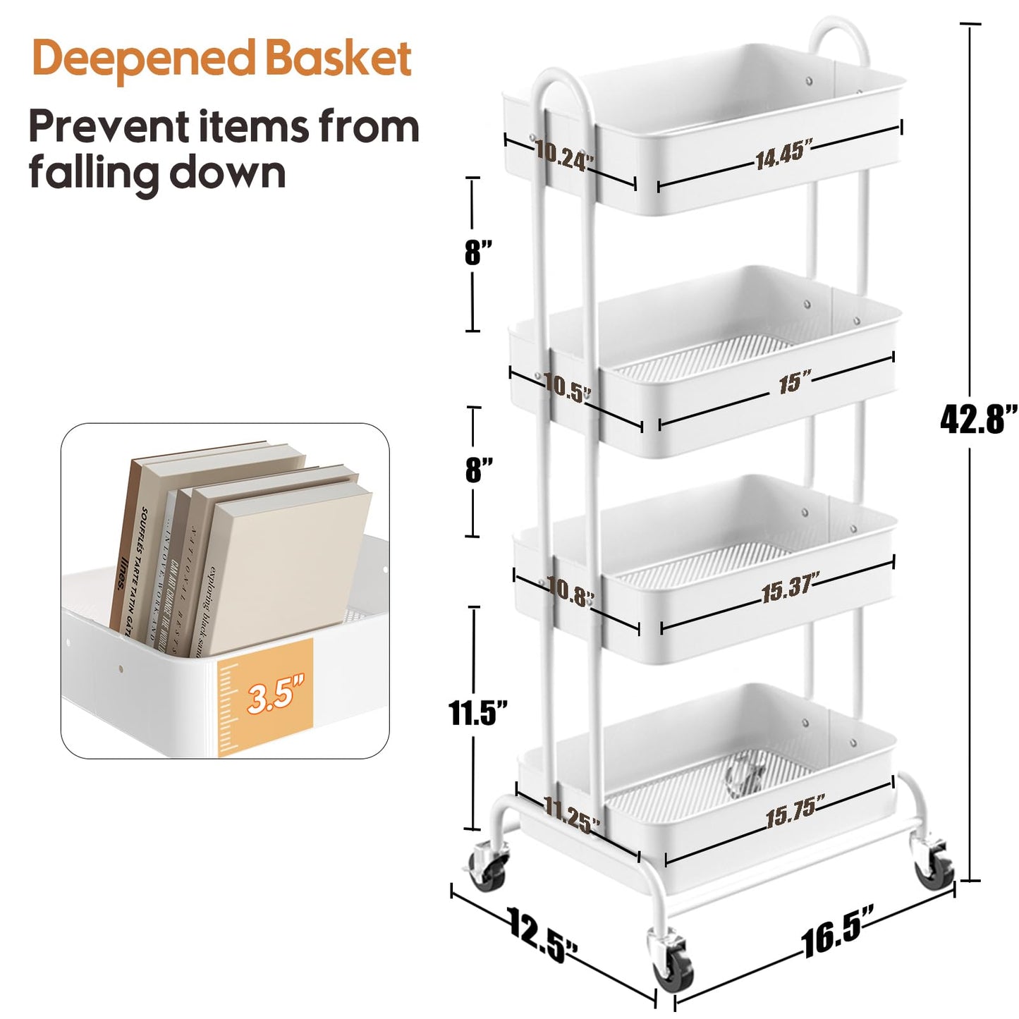 Ceayell 4-Tier Full Metal Utility Rolling Cart for Storage Organizer Cart for Office, Bathroom, Kitchen (WHT-4Tier)