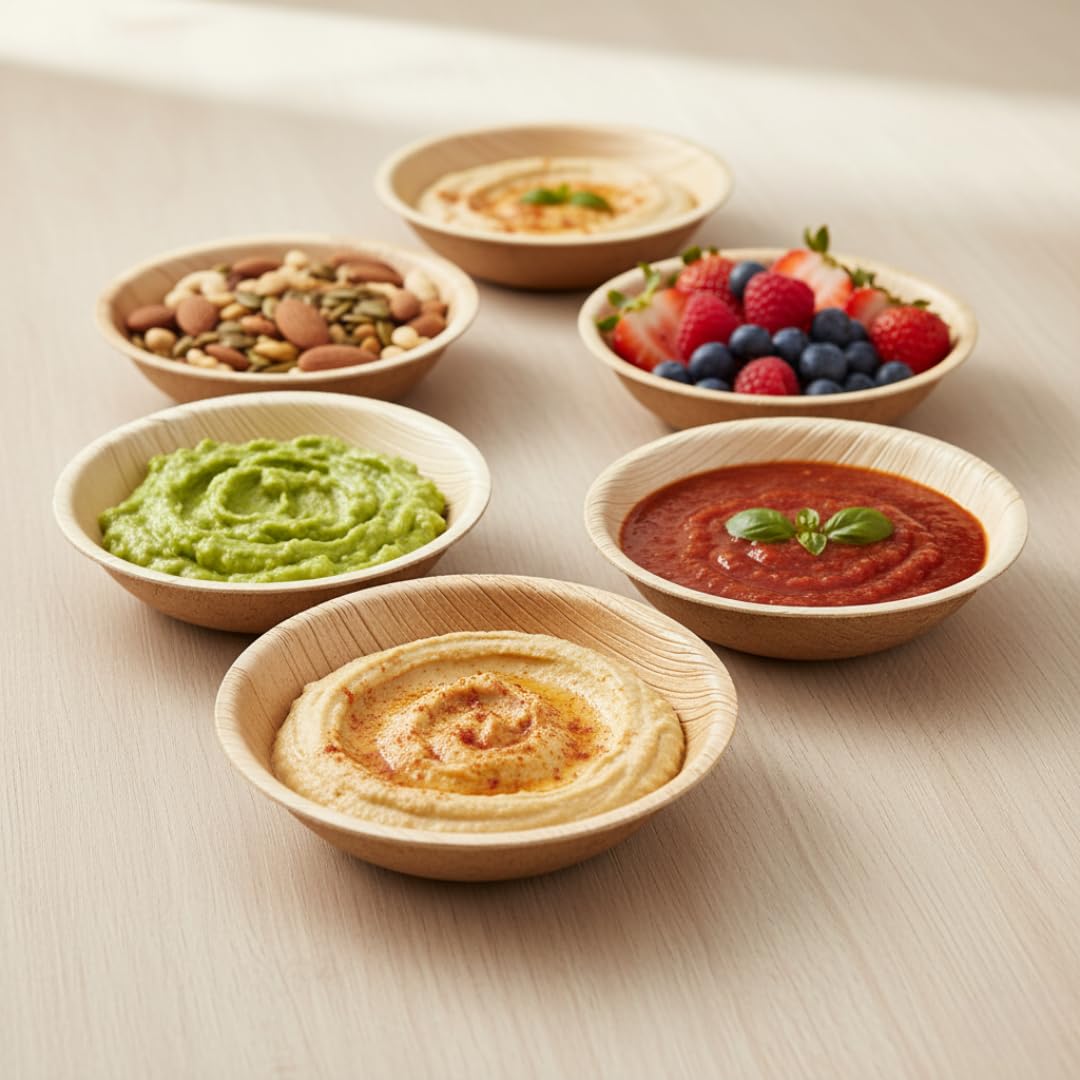 Charity Leaf Disposable Palm Leaf Like Bamboo Round Mini Bowl | All Natural and Biodegradable | Charcuterie Boards, BBQs, and Parties | Pack of 100 Bowls (100, 3.5)