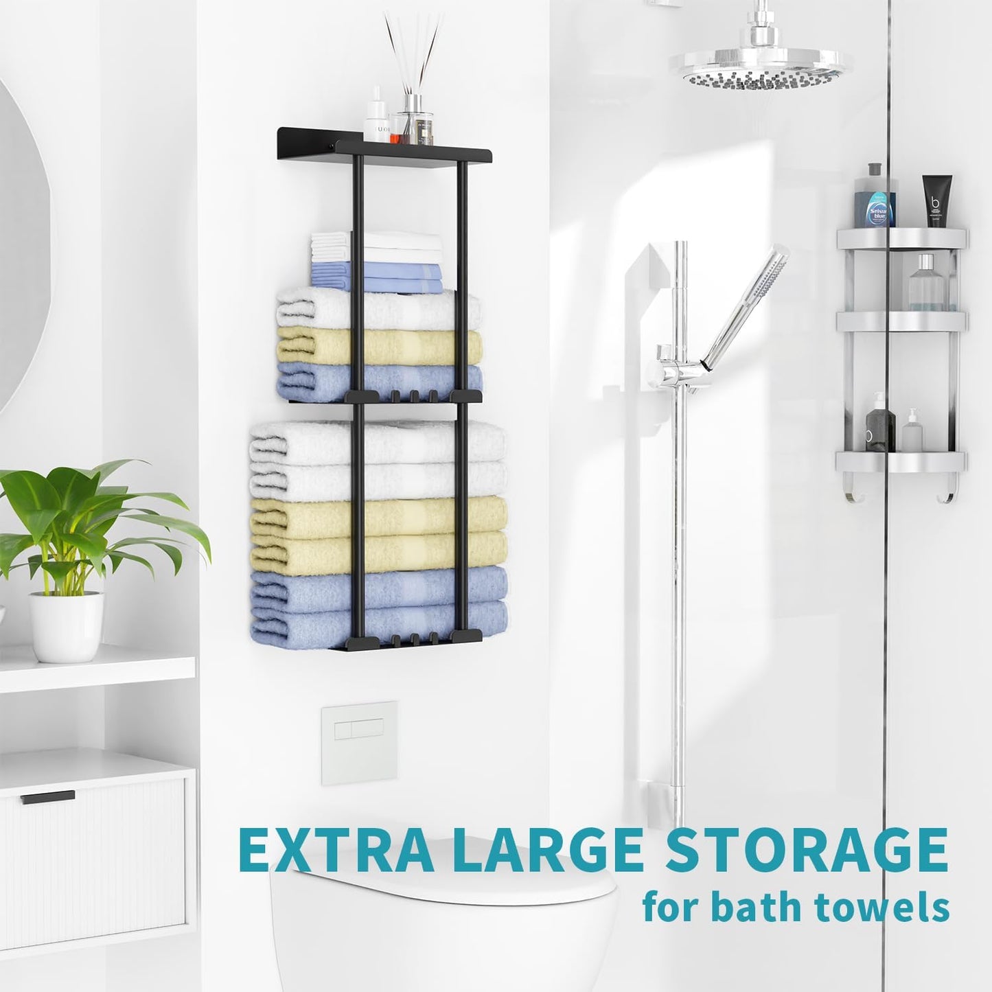 Towel Racks for Bathroom, No Drilling Towel Holder Towel Rack, Towel Storage Wall Mounted, Adjustable Towel Rack Bathroom Storage, Bathroom Towel Holder Towel Shelf for Rolled or Folded Towels, Black