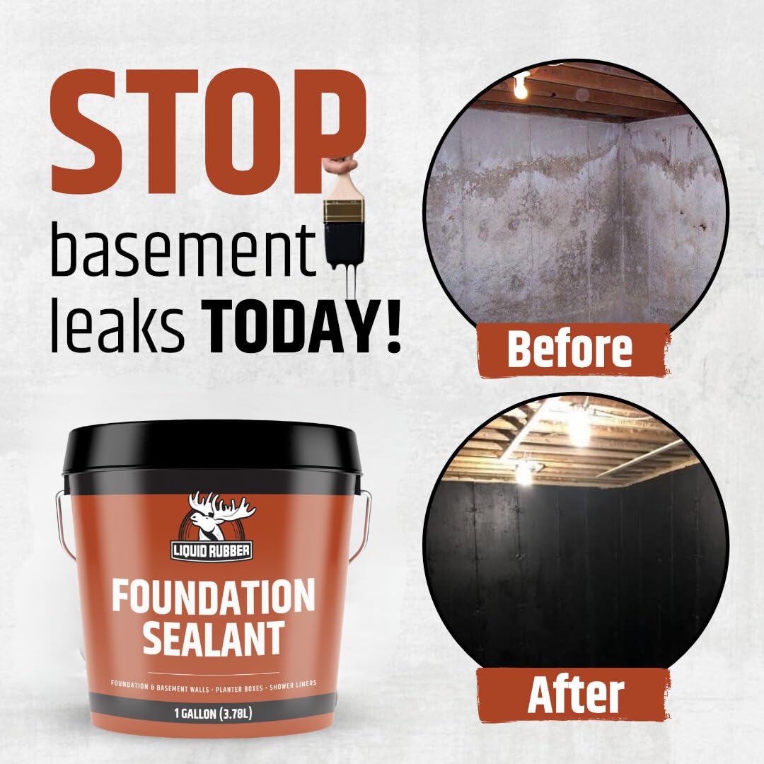 Liquid Rubber Basement and Foundation Repair Sealant - Waterproof Concrete Sealer & Crack Filler - Flexible Coating for Indoor & Outdoor Use - Waterproofing Paint - Black, 1 Gallon