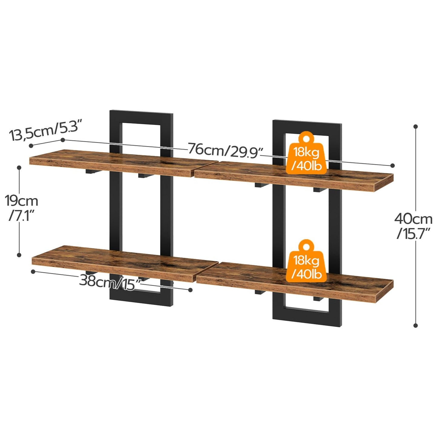 HOOBRO Floating Shelves, 38 cm Wall Shelf Set of 2, Wall Mounted Storage Shelves 2-Tier, Hanging Bathroom Shelves, for Living Room, Bedroom, Bathroom, Kitchen, Rustic Brown and Black BF32BJ01