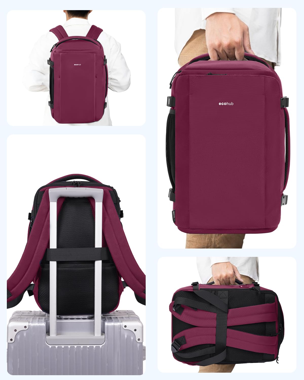 ECOHUB Travel Backpack for Women Men Fits 17.3" Laptop Airlines Approved UnderSeat Carry On Travel Luggage Bag with Charging Port Water Resistant 11 Pockets Business Work, Red