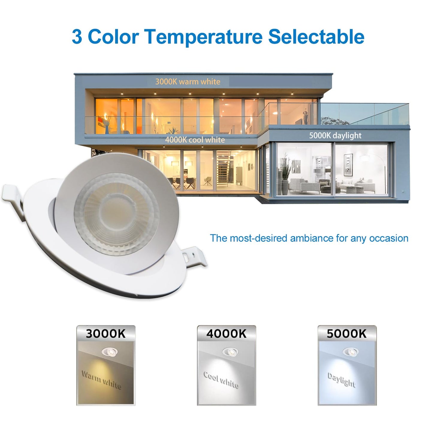 CSACCT LIGHT Ultra Thin 4 Inch Gimbal LED Recessed Pot Lights, 9W 900LM Dimmable, 3000K 4000K 5000K Selectable, IC Rated with Junction Box, ETL Listed, 6 Pack
