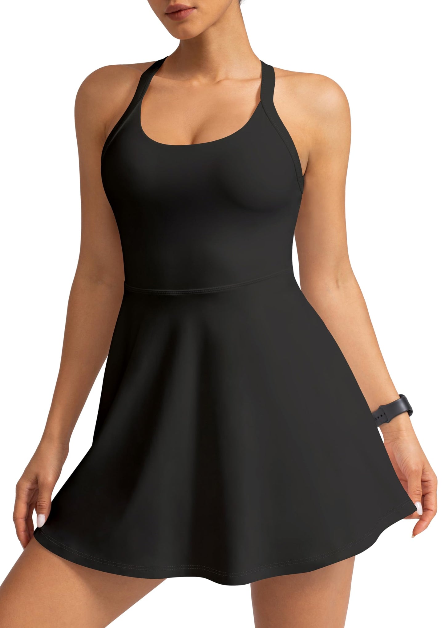 MIRITY Cut Out Easy Pee Twisted Activewear Tennis Dress for Women - with Built in Shorts and Pockets, 1 Black, Small