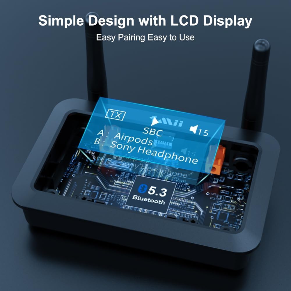 1Mii B03+ Bluetooth Transmitter Receiver for TV Home Stereo, Long Range Bluetooth 5.3 Adapter for TV Audio with Screen, aptX Adaptive & Low Latency & HD, Optical RCA AUX 3.5mm Inputs/Outputs