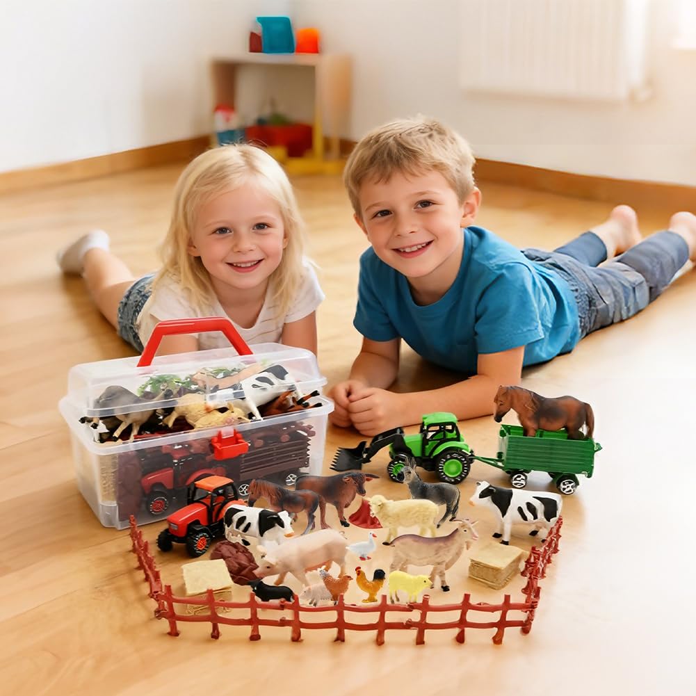 3 Pack Farm Toy Tractor with 40pcs Plastic Farm Animals Figurines and Fence Farm Playset, Farm Figures Farmer Vehicle Toy Truck with Trailer for Kids Boys Girls Toddlers